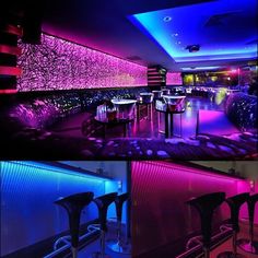 the interior of a nightclub with neon lights and stools in different stages of lighting