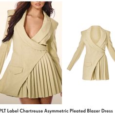 Worn Once Brand: Plt Category: Dresses Product Type: Blazer Dress Color: Chartreuse Material: Tailored Woven Design: Plain Sleeves: Long Occasion: Evening Pleated Blazer, Woven Design, Blazer Dress, Colorful Dresses, Mini Dress, Blazer, Womens Dresses, Green, Dresses