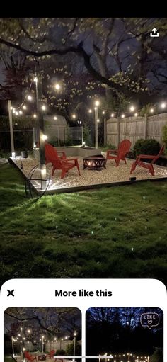 an outdoor patio with lights and lawn furniture in the evening, as well as some chairs