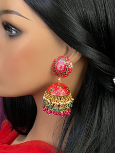 Lotus Designer Earrings Meenakari Jhumuka Earrings /gold color / Gutta Pousala Plearls Red and Green / Indian Jewelry This item is perfect for smart casual daily wear but can also be worn with a fancy outfit for a party! DETAILS: Includes two earrings only. Length: 3 inches Weight for Earring Set: 1.60oz (46 g) Earring backs push on/off. Material: Imitation gold. Red and green Beads . Finish: Premium gold finish. NOTE: We try our best to show you photos of our items as they appear in real life, Outfit For A Party, Fancy Outfit, Kundan Jewellery Set, Party Details, Green Beads, Kundan Jewellery, Jewellery Set, Fancy Outfits, Green Bead