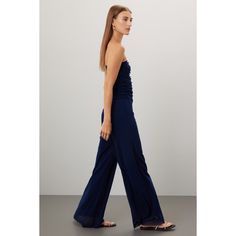 Blue chiffon (100% Polyamide). Jumpsuit. Sleeveless. Strapless. Pull on. See size and fit notes for length measurements. Imported. Elastane Strapless Jumpsuit For Night Out, Blue Elastane Jumpsuits And Rompers, Elegant Strapless Elastane Jumpsuit For Party, Chic Blue Stretch Strapless Jumpsuit, Chic Blue Strapless Stretch Jumpsuit, Chic Summer Strapless Elastane Jumpsuit, Chic Stretch Strapless Jumpsuit For Formal Occasions, Fitted Jumpsuits And Rompers For Summer Cocktail, Chic Strapless Elastane Jumpsuit For Summer