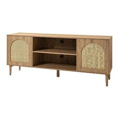 an entertainment center with wicker doors and shelves