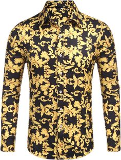 Introducing our Men's Luxury Black/Gold Print Button Down Long Sleeve Shirt, offering sophisticated style with a touch of luxury. This shirt features a sleek black and gold print, and is crafted with long sleeves and a classic button down design. Perfect for any formal or casual occasion, this shirt will elevate your wardrobe effortlessly. Button closure Machine Wash 95% polyester 5% spandex, good quality, Wash-Machine wash or hand wash, do not bleach, not shrink after washing. SIZE NECK CHEST WAIST SLEEVE S 14-14½″ 34-36″ 28-30″ 32-33″ M 15-15½″ 38-40″ 32-34″ 33-34″ L 16-16½″ 42-44″ 36-38″ 34-35″ XL 17-17½″ 46-48″ 40-42″ 35-36″ 2XL 18-18½″ 50-52″ 44-46″ 36-37″ 3XL 19-19½″ 54-56″ 48-50″ 37-38″ 4XL 20½-21″ 58-60″ 53-55″ 38″ 5XL 22-22½″ 62-64″ 58-60″ 38½″ Luxury Long Sleeve Tops With Baroque Print, Formal Gold Tops With Baroque Print, Gold Baroque Print Formal Tops, Formal Gold Top With Baroque Print, Gold Baroque Print Top For Formal Occasions, Formal Long Sleeve Shirt With Baroque Print, Gold Long Sleeve Shirt For Fall, Fitted Long Sleeve Shirt With Baroque Print, Classic Gold Tops For Party