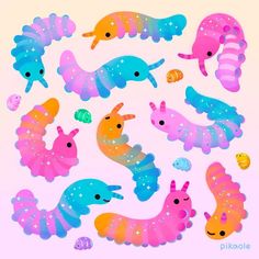 the colorful seahorses are all different sizes and colors, with stars on them