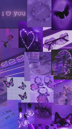 a collage of purple images with hearts, butterflies, and other things in them