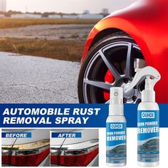 two bottles of cleaner next to a red car with the words automobile rust removal spray on it