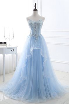 Lace-up Appliques Tulle Long A-line Prom Dress - As Picture / US 2 - Prom Dress Court Train Prom Dress, Light Blue Wedding Dress, Sky Blue Prom Dress, Lakaran Fesyen, Strapless Organza, Baju Kahwin, Blue Wedding Dress, Dresses Tulle, Light Blue Wedding