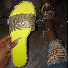 Upper Material: PUHeels Height: Flat? Sparkly Chanclas, Open Shoes, Bling Flip Flops, Sparkle Flats, Rhinestone Slides, Rubber Slippers, Glitter Flats, Rhinestone Flats, Rhinestone Shoes