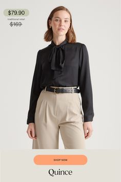 This polished blouse combines the best of both worlds. Wear the ties in a ladylike bow at the neck or leave them long and loose — whatever your mood calls for. Made of our bestselling premium mulberry silk, it has a hint of stretch for a flexible fit. Even better, it’s washable. As a bonus, silk fiber contains 18 kinds of amino acids that make it amazing for skin nourishment, hypo-allergenic, and naturally thermoregulating to help maintain body temperature.  | Quince | Women's Washable Stretch S Elegant Semi-formal Tie Neck Blouse, Elegant Tie Neck Blouse For Semi-formal Occasions, Elegant Tie Neck Blouse For Semi-formal Events, Feminine Tie Neck Formal Blouse, Silk Tie Neck Blouse For Formal Occasions, Formal Silk Tie-neck Blouse, Feminine Tie Neck Blouse With Bow, Feminine Fall Blouse With Bow, Classic Formal Top With Bow