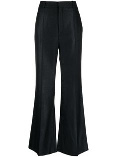 black silk virgin-wool blend belt loops box-pleat design two rear welt pockets flared hook and zip fly fastening straight hem Elegant Flared Wide Leg Pants With Belt Loops, Elegant Wide Leg Flare Pants With Belt Loops, Elegant Flare Pants With Belt Loops, Formal Flared Wide Leg Pants With Belt Loops, Formal Flare Pants With Belt Loops, Black Fr, Trouser Design, Pleated Trousers, Flare Trousers