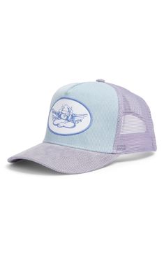 An embroidered logo fronts a soft corduroy trucker hat made with airy mesh panels at the back to help you keep your cool. Adjustable snapback strap 100% cotton with 100% polyester contrast Hand wash, dry flat Imported Cute Trucker Hats, Funny Hats, Fabric Gift Bags, Mesh Panel, Fabric Gifts, Free Fabric, Keep Your Cool, Hat Making, Trucker Hats