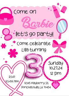 a pink birthday party flyer with balloons and other items on it, including the number three