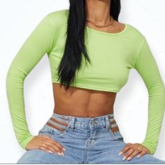 Nwt Super Cute Lime Green Crop Top Trendy Solid Color Crop Top For Day Out, Fitted Green Solid Color Crop Top, Trendy Solid Color Tops For Spring, Basic Solid Color Spring Crop Top, Solid Color Long Sleeve Crop Top For Spring, Long Sleeve Solid Color Crop Top For Spring, Spring Long Sleeve Solid Color Crop Top, Chic Green Crop Top For Fall, Spring Green Crew Neck Crop Top