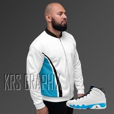 Rock the freshest style with our bomber jacket to match the Jordan 9 Powder Blue! 🔥🍊 This jacket is designed with a brushed fleece inside for ultimate warmth and comfort, and a relaxed unisex fit for versatility. Perfect for layering over a basic t-shirt or a warm hoodie, this jacket is a must-have for any sneakerhead. Made from 100% polyester, this jacket features a fabric weight of 6.49-8.85 oz/yd² (220-300 g/m overlock seams, sturdy neck tape, and a silver YKK zipper. With 2 self-fabric poc Urban Style Track Jacket With Baseball Collar For Sports, Urban Track Jacket With Baseball Collar For Sports, Urban Style Blue Varsity Jacket For Sports, Urban Blue Varsity Jacket For Sports, Sporty Blue Varsity Jacket For Streetwear, White Fleece Jacket For Streetwear, Casual Blue Track Jacket For Streetwear, Urban Fleece Jacket For Streetwear, Casual Streetwear Sweatshirt With Baseball Collar