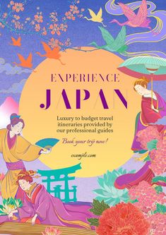 an advertisement for the japanese language book experience japan, featuring two women with umbrellas