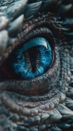 the eye of an alligator is shown in this close up photo with blue and brown colors