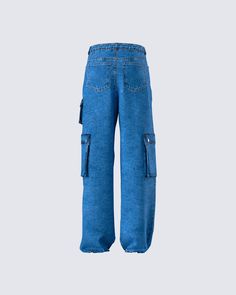 Your everyday style just got an upgrade 💙 Featuring a low-rise, baggy fit and pockets that are perfect for stashing all of your essentials, these blue denim cargo pants will have you turning the streets into your personal runway 👏 Urban Straight Leg Cargo Jeans, Urban Straight Leg Cargo Jeans With Pockets, Blue Hip Hop Jeans With Pockets, Blue Hip Hop Jeans, Baggy Straight Leg Dark Wash Cargo Pants, Urban Baggy Flare Jeans With Pockets, Baggy Dark Wash Straight Leg Cargo Pants, Trendy Flare Jeans With Multiple Pockets For Streetwear, Blue Hip Hop Cargo Jeans