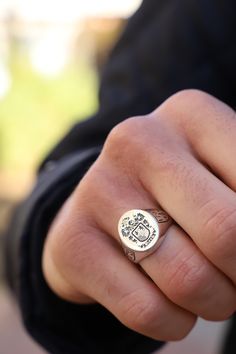 "Silver Crest Ring, Coat of Arms Signet Ring, Family Crest Rings, Family Crest Signet Ring, Custom Signet Ring, Personalized Seal Ring ❥You can send us your family logo or symbol and order your product. When we receive your order, we will send you a sketch of your logo and ask for your confirmation. After you confirm your logo, we will immediately start manufacturing your product. ☞ ☞ ☞ ITEM DESCRIPTION ☜ ☜ ☜ * Material : 925K Sterling Silver * Ring Face Size Options ; - Small Face Size : 14 x 1 Signet Ring Men Family Crest, Family Crest Rings, Cool Rings For Men, Custom Signet Ring, Family Ring, Family Logo, Small Face, Family Rings, Seal Ring