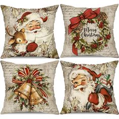 four christmas pillows with santa claus, deer and holly wreaths on the front each