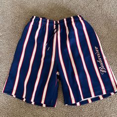 Brand New. Never Worn Red White And Blue Budweiser Shorts Casual Navy Shorts For Swimming, Casual High-waisted Shorts For Swimming, Casual High Waist Swim Trunks With Built-in Shorts, Navy Short Bottoms For Beach Season, Casual Bermuda Shorts For Swimming, Casual Navy Shorts For Beach Season, Casual High Waist Swim Trunks For Beach, Casual High-waist Swim Trunks For Beach, Navy Bermuda Bottoms For Summer