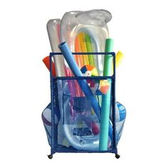 a blue cart filled with lots of different types of toothbrushes and other items