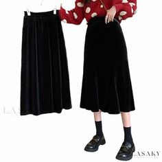 Lasaky - Black Velvet High Waist Midi Skirt - A-line Umbrella Style, Hip-covering Design Winter Black Wide Leg Skirt, Umbrella Silhouette, Stylish Midi Skirt, Long A Line Skirt, Velvet Midi Skirt, Elegant Style Women, Sequin Pencil Skirt, Midi Skirt Pattern, Fashion Umbrella