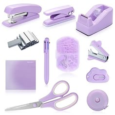 the purple office supplies are neatly organized