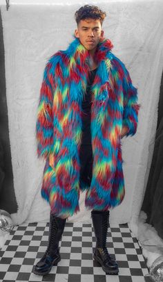 Unisex Faux Fur Mid-Length CoatFully Velvet Lined, Acrylic Faux FurFabric: 100% ACRYLIC FAUX FUR, 85% POLYESTER/15% SPANDEXWash: HAND WASH/COOL BLOW DRYMade in USA Multicolor Faux Fur Long Sleeve Outerwear, Formal Streetwear, Pop Art Fashion, Lamp Large, Chemise Dress, Rave Clothing, Orange Soda, Elegant Moments, Festival Costumes