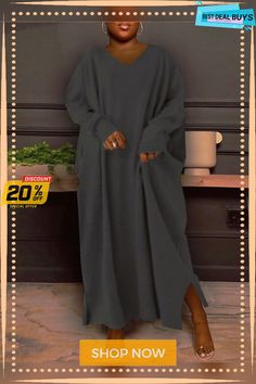 Women's Plus Size Casual Dress Solid Color V Neck Long Sleeve Winter Fall Basic Casual Maxi Long Dress Daily Vacation Dress Plus Size Casual Dress, Cotton Tshirt Dress, Maxi Long Dress, Vacation Dress, Vacation Dresses, Plus Size Casual, Long Maxi Dress, Women's Style, T Shirt Dress