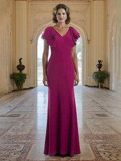 Fuchsia Elegant Mother Of The Bride Dress With Ruffles, Elegant Ruffled Mother Of The Bride Dress, Formal Fitted Mother Of The Bride Dress With Ruffles, Elegant Formal Mother Of The Bride Dress With Ruffles, Pink Fitted Chiffon Mother Of The Bride Dress, Fitted Mother Of The Bride Dress With Ruffles, V-neck Mother Of The Bride Dress With Fitted Bodice, Elegant Ruffled Dress For Mother Of The Bride, Pink V-neck Evening Dress With Ruffles