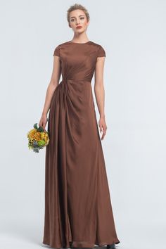 Modest LDS Cinnamon Satin Bridesmaid Dresses Cap Sleeves A Line Dress Satin, Silk Bridesmaid Dress With Sleeves, Lds Mother Of The Bride Dresses, Modest Bridesmaids Dresses, Bridesmaid Modest Dresses, Bridesmaid With Sleeves, Elegant Bridesmaid Dresses With Sleeves, Formal Modest Dress, Satin Modest Dress