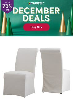 two white chairs with christmas decorations on them and the words wayfair december specials