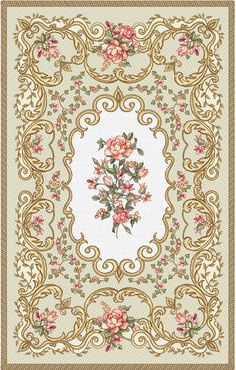 a square rug with pink flowers on the center and gold trimmings around it