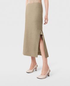 Mid-Rise Wool Midi Skirt-Beige-large Elegant Wool Pleated Skirt, Elegant Wool Midi Skirt, Spring Formal Wool Skirt, Formal Wool Skirt For Spring, Formal Spring Wool Skirt, Elegant Fitted Wool Pencil Skirt, Elegant Wool Pencil Skirt, Wool Midi Skirt, Tailored Skirt