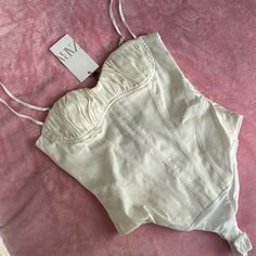 Zara Lined Blend Corset Style Bodysuit Nwt Size: Medium Adjustable Spaghetti Straps Snap Button Gusset 100% , 2% Elastane Hidden In Seam Side Zip Closure Style Bodysuit, Zara White, Corset Style, Zara Tops, Snap Button, Linen Blend, Side Zip, Spaghetti Strap, Spaghetti