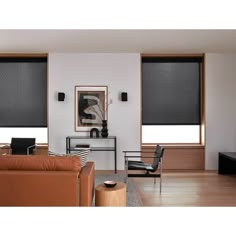 a living room filled with furniture and two windows covered in black roller shade coverings