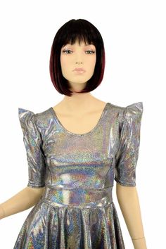 Silver Holographic Sparkle Darted Sharp Shoulder Pointy Sleeve | Etsy Fitted Short Sleeve Mini Dress For Costume Party, Iridescent Fitted Party Dress, Iridescent Fitted Dress For Party, Iridescent Fitted Mini Dress For Party, Fitted Shimmer Summer Dress, Fitted Shimmer Dress For Summer, Fitted Rave Party Dresses, Multicolor Fitted Disco Dresses, Fitted Shiny Disco Mini Dress