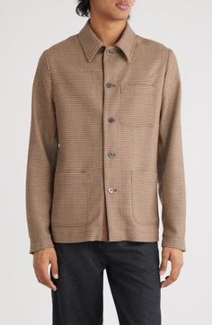 A relaxed fit brings easygoing appeal to this jacket-inspired shirt cut from a wool-forward blend patterned in a classic houndstooth check. 27 1/2" length; 38" chest (size 48EU) Front button closure Spread collar Long sleeves Chest patch pocket; front patch pockets 89% wool, 6% cotton, 5% cupro Dry clean Imported Designer Clothing Wool Tops With Welt Pockets For Workwear, Brown Tops With Welt Pockets For Work, Wool Top With Lapel Collar For Work, Casual Wool Outerwear With Houndstooth Pattern, Casual Wool Houndstooth Outerwear, Brown Wool Tops For Workwear, Brown Wool Top For Work, Brown Tops With Concealed Placket For Fall, Classic Plaid Outerwear With Spread Collar