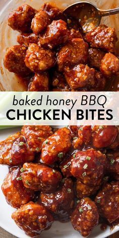 baked honey bbq chicken bites on a white plate