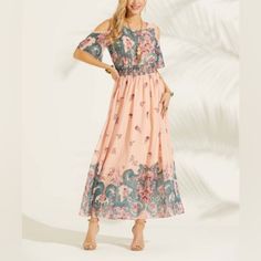 New Gorgeous Suzanne Betro Dresses | Peach Floral Cold-Shoulder Maxi Dress - Women Size S. Fully Lined And Elastic Waistband. Beautiful Floral Designs And Ruffles Around The Shoulders. Perfect Dress To Wear For Summer Details: Size S: 58'' Long From High Point Of Shoulder To Hem Model (Wearing Size S): 5' 8'' Tall; 34'' Chest; 25.25'' Waist; 36.75'' Hips 100% Polyester Machine Wash; Hang Dry Imported Pink Off-shoulder Sundress Maxi Dress, Peach Floral Print Sundress Maxi Dress, Peach Floral Print Maxi Sundress, Peach Floral Print Maxi Dress For Vacation, Summer Peach Floral Print Maxi Dress, Peach Floral Print Dress For Vacation, Pink Off-shoulder Maxi Dress For Summer, Feminine Apricot Dress For Vacation, Pink Off-shoulder Beach Dress