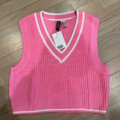 H&M Divided Pink V-Neck Vest With White Small Pink Fitted V-neck Sweater Vest, Stretch Cotton V-neck Sweater Vest, Pink V-neck Sweater Vest For Summer, Pink Sweater Vest, Pink Tennis, Pink Sweater, Christmas List, Sweater Vest, Divider