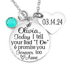 Personalized wedding gift for that special Step DaughterChild.  Stainless steel disc quote.  "Today I Tell Your Mom (Dad) I Do & Promise You Forever Too" Personalized with names and crystal color of choice.  O * 22m Stainless steel disc with quote. * 18 inch Stainless steel cable chain with heart shaped name disc and crystal.  Please include all personalization in notes to seller box at checkout. (name and month) Stainless steel is a great alternative to other types of metals in jewelry. Stainle Gift For Step Daughter At Wedding, Personalized Jewelry For Father's Day Promise, Father's Day Engraved Promise Jewelry, Father's Day Promise Jewelry Engraved, Father's Day Promise Engraved Jewelry, Daughter At Wedding, Shape Names, Step Daughter, Personalized Wedding Gifts