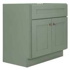 a green cabinet with two doors and one drawer on the bottom, in front of a white background