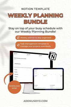 a white and orange flyer with the words weekly planning bundle on it