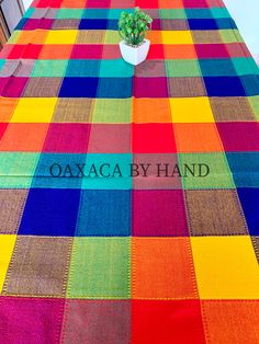 "Beautiful Colorful Mexican tablecloth, tassel detail on the edges. Woven on pedal loom in Tlaxcala Mexico. 48\" Square--- 120 cm Square 56\" Round ---- 140 cm Round 60\" Square-----150 cm Square 60X80 ----6 seats table. 60X100---8 Seats table. 60X120---10 Seats Table. This is the perfect tablecloth for your living room, or give it as the prefect gift. Colors do not fade, might vary slightly depending on resolution. Diameter is of the cloth not of the table. Care Instructions: Machine Washable, Chocoflan Recipe, Mexican Tablecloth, Boho Tablecloth, Mexican Table Runner, Mexican Table, Plaid Tablecloth, Striped Table, Square Tablecloth, Colorful Table