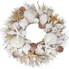 a wreath with seashells and starfish on it is displayed against a white background