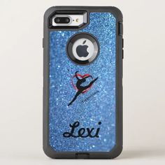 an iphone case with the name leo and a ballerina on it, in blue glitter