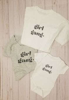 Do you have little mini me's that you want to match?!? Or maybe a bff or group of girlfriends... show your togetherness with out girl gang tee! Available in Women's, girls, and onsie sizes! Leave color selection and size in the customizations! women's size small/medium/large/xlarge $18 girls size 2T/3T/4T small/medium/large $18 onsie sizes NB/3 mo/6 mo/9 mo/12mo $15 Unisex Cotton T-shirt For Family Occasions, Unisex Family Matching T-shirt With Screen Print, Family Matching Fitted Graphic T-shirt, Trendy Graphic Print T-shirt For Gender Reveal, Fitted Cotton Matching T-shirt, Fitted Cotton Tops For Family Matching, Unisex Graphic Print Tops For Family, Trendy Graphic Print Tops For Gender Reveal, Trendy Short Sleeve Tops For Gender Reveal