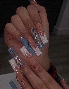 White Aesthetic Nails Acrylic, Nails Blue And White French, Acrylic Nails Blue And White, Blue And White French Tip, Blue And White Acrylic Nails, White Aesthetic Nails, French Tip Nails Blue, Nails Blue French Tip, Acrylic Nails Light Blue