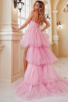 High Low lined mesh tiered gown, spaghetti straps. Star accent. Star Gown, Mesh Bridesmaids Dress, Hollywood Dress, Pink Bridesmaid Dresses, Cottagecore Dress, Girly Dresses, Hollywood Star, Pinterest Fashion, High Low Hem